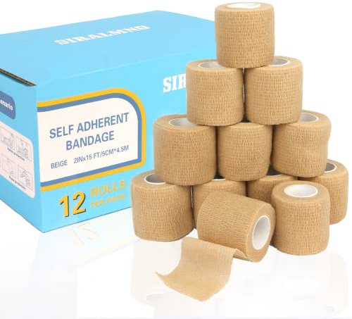 SIRALMNO Professional Self Adhesive Bandage,12 pack Cohesive Bandage,Elastic Athletic Bandage tape-5cm x 4.5m, Water proof&Breathable non-woven Sports Tape for finger, wrist, Ankle, pets