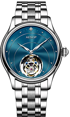 Aesop Tourbillon Herrenuhren Mechanische Handaufzug Armbanduhren Skelett Edelstahl Analog Saphirglas 30M Wasserdicht Klassisches Kleid Luxus Elegant Business Uhr 7048(Blau/Edelstahl)