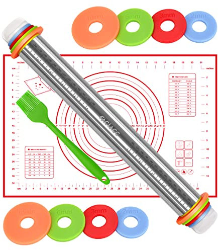 FACIACC Mattarello con anelli di spessore regolabili in acciaio inossidabile da 43,2 cm e tappetino da forno in silicone per impasto, pizza pizza, pasticcini, pasta e biscotti