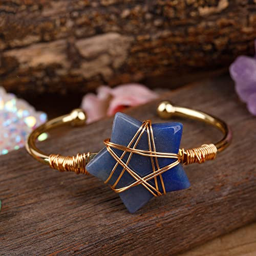 JIANGZ Edelstein Armband, Goldener Offener Armreif Stern Naturblau Aventurin Freundschaftsarmband Verstellbare Chakra-Armbänder Edelstein-Energie Glücksgeschenk Für Frauen Abschlussball-Party-Schmuck