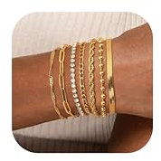 Adramata 7Pcs Ketten Armbander 14 Karat Vergoldet Armkette Twist Figaro Kettenarmbänder Verstellbar CZ Modeschmuck Set Silber Gold für Damen Mädchen