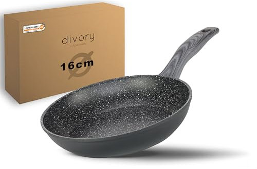 DIVORY Bratpfanne 16cm kein Induktion – Antihaft Beschichtete kleine Universalpfanne für alle Herdarten - Sichere Griffe (Graues Holz, 16cm)