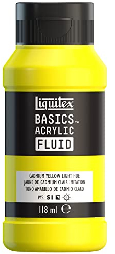 Liquitex 8870380 Basics Fluid Acrylfarbe mit fließender Konsiszenz, schnell trocknend, lichtecht, wasserfest, auf Wasserbasis, 118ml Flasche - Kadmiumgelb Hell Farbton