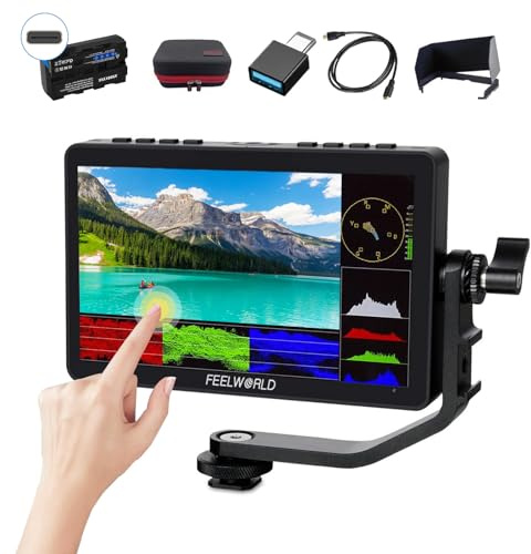 FEELWORLD F5 Pro V4 Camera Monitor + USB C Akku + Tragetasche, 6 Zoll DSLR Kamera Field Touchscreen 500nits 1080P 4K HDMI 3D LUT Externer Kit für Sony Canon Nikon