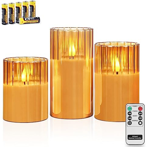 Rhytsing Lot de 3 Bougies Dorées à LED en verre Striés Classiques avec Télécommandes, Bougies Piliers pour Noël, H10cm/ 12.5cm/ 15cm