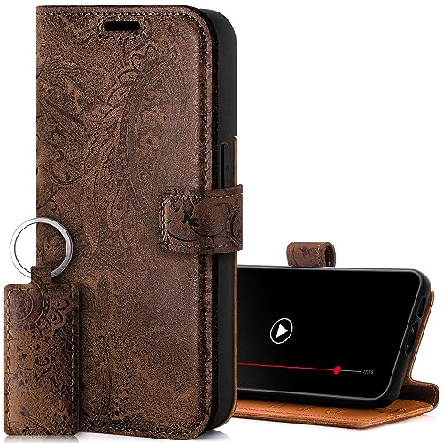 Surazo Leather Wallet Mobile Phone Case Compatible with Apple iPhone 15 Pro Max - Flip & Fold Smartphone Case with Stand RFID Blocker Magnet Closure 3 Slots for Bank Cards-Handcrafted European Leather