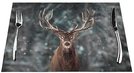 Tischsets 1–6 Sets, Wald Hirsch Winter Schnee, waschbare Tischsets für Küche Esstisch, 30 x 45 cm, 1 Stück