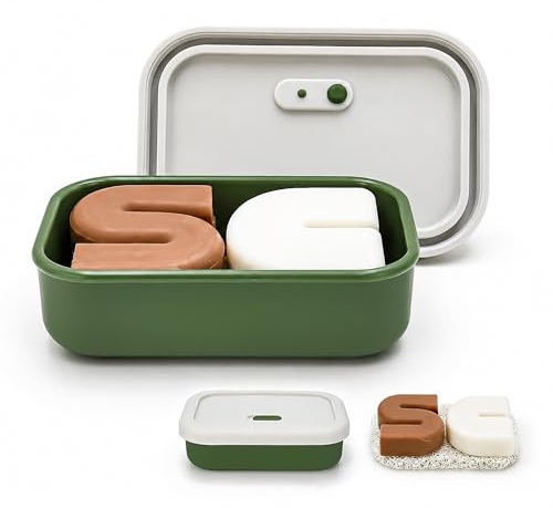 AIDIMMING Silicone Enhanced Leak Proof Travel Soap Case, Vented Shampoo Bar Holder, Large Bar Soap Box with Lid Portable Soap Dish with Draining Layer (Offwhite& Green)