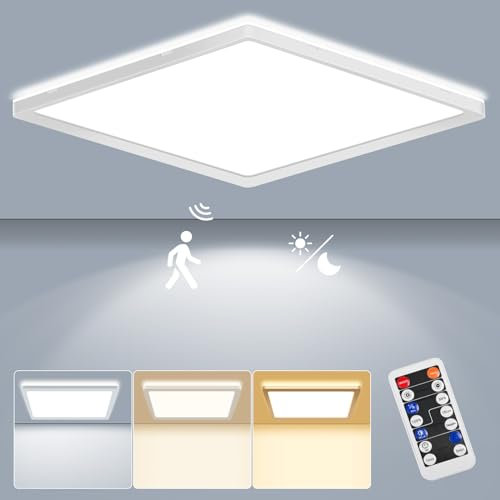 LEZOE Plafoniera LED con rilevatore di movimento, LED Radar lampada Sesor 24W 2400LM dimmerabile, sensore 3000K/4000K/6500K IP54 per bagno, garage, scale, cantina, corridoio, balcone 30x30x2,5 cm
