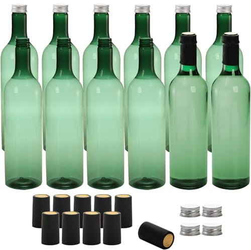 WUWEOT 12 Pack Plastic Wine Bottles, 750ml Reusable Empty Bordeaux-Style Liquor Bottle, Green Long Neck WIne Bottles with Screw Lid and Shrink Capsules Caps