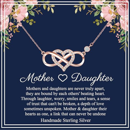 PRETOLE Sterling Silver Eternity Pendant Necklace with Heart Mother Daughter Necklace Birthday Mother's Day Presents for Mum with Love Card