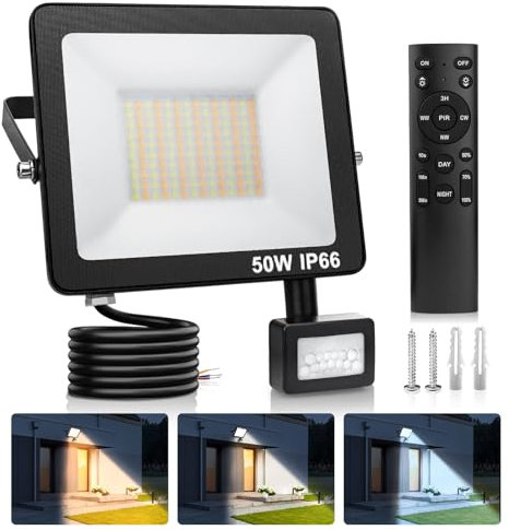 Security Lights Outdoor Motion Sensor,2024 Security Light with 3 Color Adjustment，50W PIR Lights Outdoor with Motion Sensor Mains Powered with Remote Control For Yard,Garden,Outdoor,At Night