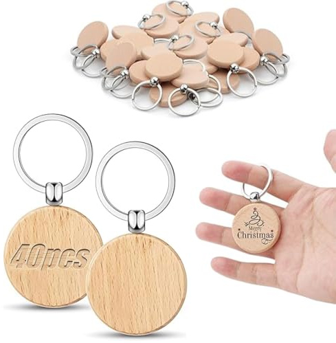 Lurora2021 40 Pezzi Portachiavi in Legno Fai Da Te - Keychain per Incisione Personalizzata, Pittura, Decorazione, Regali
