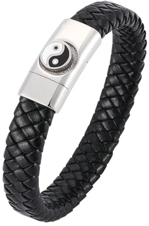 Bishilin Lederarmbänder Herren, Charms Armband Leder 16.5-20.5CM Totenkopf Yin Yang Eule Buddha 12MM mit Magnetverschluss Leder Armband Schwarz
