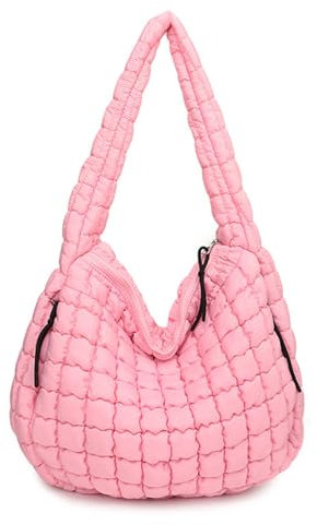 SUNAVY Puffer Tote Bag Umhängetasche Damen Große Gesteppte Shopper Tasche Puffy Tote Bag mit ReißVerschluss Flauschige Tragetaschen Handtasche für Arbeit, Reise Einkauf und Alltag (Rosa 1)