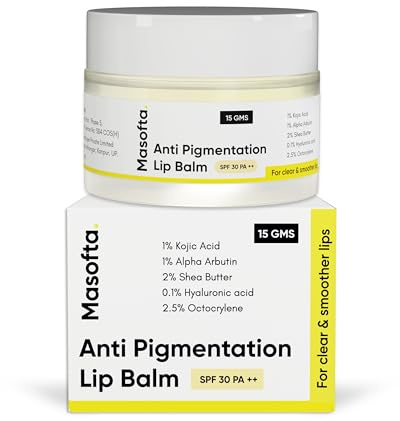 Masofta Anti-pigmentering läppbalsam med kojicsyra, alfa arbutin och sheasmör för släta, sprickfria och klara läppar, Spf 30 Pa++, för män och kvinnor, helkräm 15 g (paket med 1)