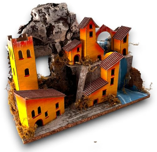 Scenario Presepe in Miniatura con Cascata, Villaggio Artigianale Presepio con Montagna e Fiume, 26x19x10,5 cm - Decorazione Natalizia per Presepe Fai da Te