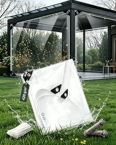 Ezcasch Lona transparente con ojales, 2,5 x 3,5 m, 420 g/m², PVC, para exterior y terraza