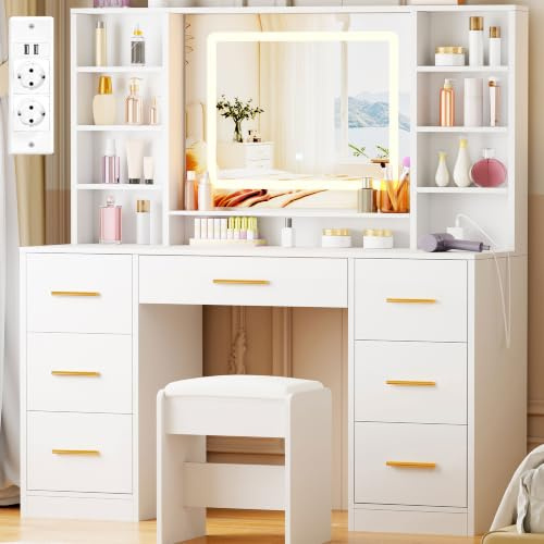 ANWBROAD Grande Coiffeuse avec Miroir et Tabouret, Éclairage LED Réglable