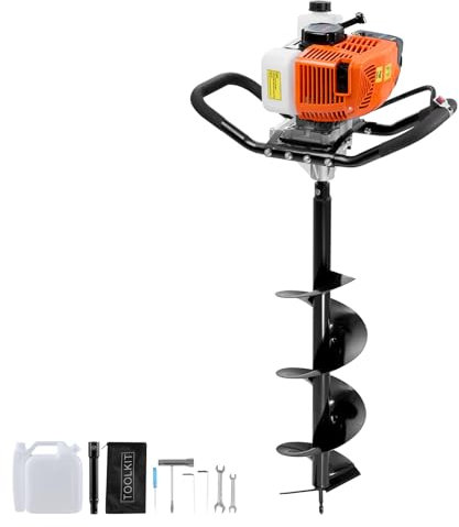 VEVOR Post Hole Digger Gas Powered, 63CC 2400W Earth Auger, Gas Auger with 8” Auger Drill Action Design Bits & 1 Extension Rod, Post Fence Hole Digger for Farmland Garden Plant, Orange+Black