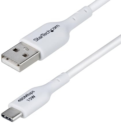 StarTech Cable de Carga USB-A a USB-C de 2m, 3A, Blanco (USB2AC2MNCWHE) | Conectores niquelados para mas de 10.000 ciclos, Blindaje trenzado de aluminio contra EMI, Cubierta TPE RoHS
