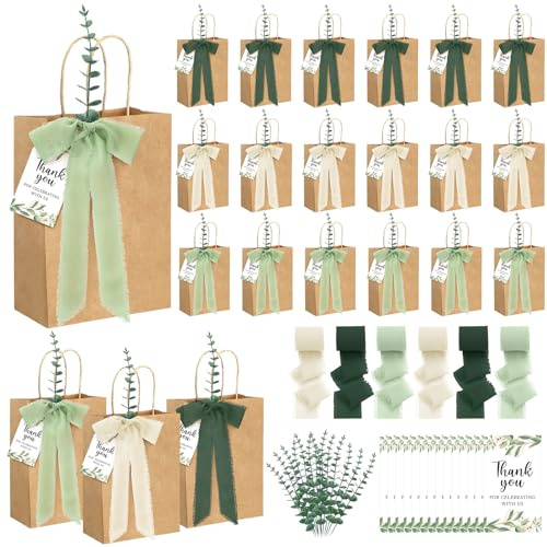 Motipuns 50 Stück Hochzeits-Willkommens-Tüten mit braunen Papiertüten, künstlicher Eukalyptus-Stiel, Chiffonband, Dankeskarten, Hochzeitsgeschenktüten für Gäste, Hochzeit, Geburtstag, Babyparty,