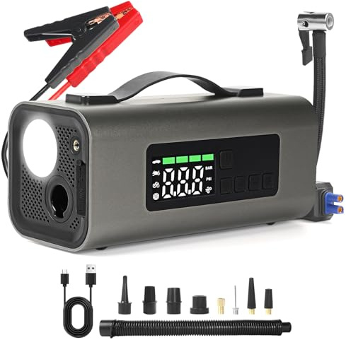 Yuanjoy 1000A Starthilfe Powerbank mit 150 PSI Luftkompressor, 12 V Autostarter, 8000mah Autobatterie-Booster, wiederaufladbare Eimer mit LCD-Display und LED-Leuchten für viele Fahrzeuge und Bälle