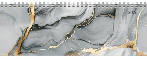 Zettler Tisch-Querkalender Style Marmor 2026 – Büro-Planer 30x11 cm, Wochenkalender mit 1 Woche auf 2 Seiten, deutschsprachigem Kalendarium, Ringbindung & Notizbereich