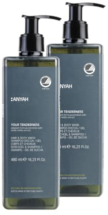 ANYAH - Gel Douche et Shampoing - 2 x 480 ml - Soin Lavant Corps et Cheveux à l'extrait d'ortie blanche - Formule Vegan & Certifiée Ecolabel