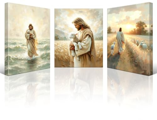 Artscope Canvastryck och målningar 3 st Jesus skyddar lammet bild fotografi väggmålning canvas väggkonst vacker present till heminredning restaurang kök årsdag födelsedagspresent 30 x 40 cm