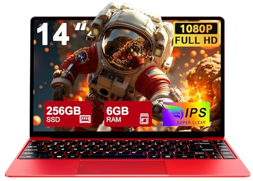 PC Portatile Win11 Pro Computer Portatile Notebook 14 Pollici 6+256GB SSD Expansion 1TB, 5000mAh Laptop Celeron N4020 fino a 2.8GHz, 5G WiFi BT4.2 Supporto Mouse Wireless & Protezione Tastiera-Rosso