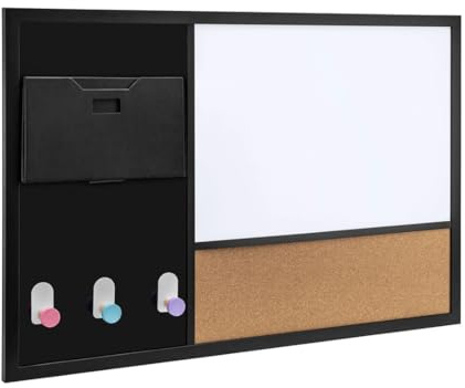 Spacetronik 3 in 1 Kombitafel Magnettafel Pinnwand Whiteboard 90x60 cm | Wandorganizer, Whiteboard Magnetisch, Kork Pinnwand, Integrierte Dokumententasche, 3 Haken