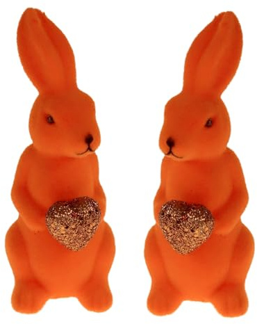 MACOSA WV55828_x2 Osterhasen 2er Set beflockt Orange 13 cm Kunststoff Dekohase Hase Oster-Deko Osterdekoration Figur Dekohase Dekofigur Ostern Dekoration Tischdeko (Orange)