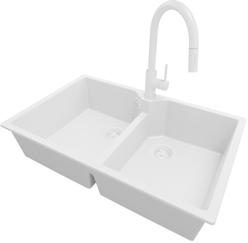 PRIMAGRAN Lavandino da Cucina al Mobile 80cm + Rubinetto, 78x50cm | Set: Rubinetto BW9010 + Kit di scarico + Lavello in Granito a 2 vasche - Madrid Twin, Tutto Bianco