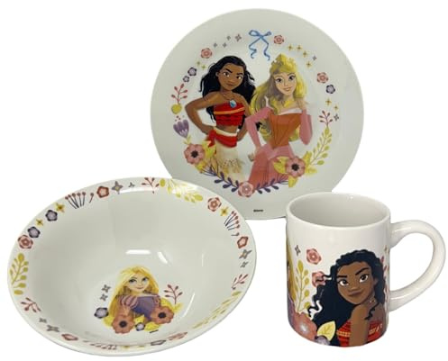 CARTOON Disney Princess Keramik 3-teiliges Geschirrset, Tasse, Müslischale, Teller, Kindergeschirr in Box