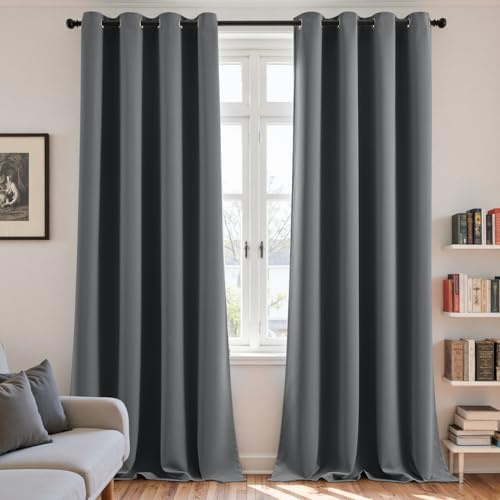 Vangao Vorhang Blickdicht mit Ösen 2er Set H245 x B140 cm, Dunkelgrau | Verdunklungsvorhänge Lichtundurchlässig, Gardinen Wohnzimmer 245 cm lang Thermovorhang Grau Schlafzimmer Kinderzimmer Fenster