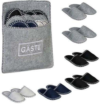 Relaxdays Gästehausschuhe 6 Paar, Hausschuhe Set mit Tasche, Größen 36-45, Filzpantoffeln, Antirutsch-Sohle, Mehrfarbig