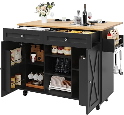KecDuey Moderno carrito de cocina, isla de cocina, armario de cocina, carrito de comedor con vetas de madera, mesa de comedor multifuncional con espacio de almacenamiento, carrito de comedor con