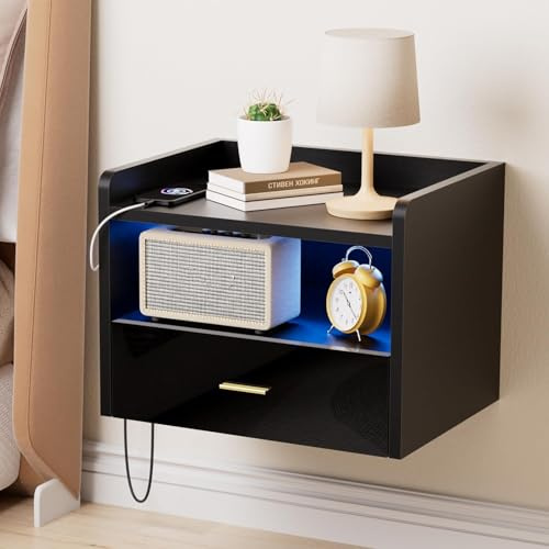 An der Wand montierter Nachttisch mit LED und Ladestation – Schwebender Nachttisch mit 1 Schublade und 2 offene Fächer, Steckdose 1 AC/2 USB,Möbelstück für kleine Schlafzimmer(1 PCS, Schwarz)