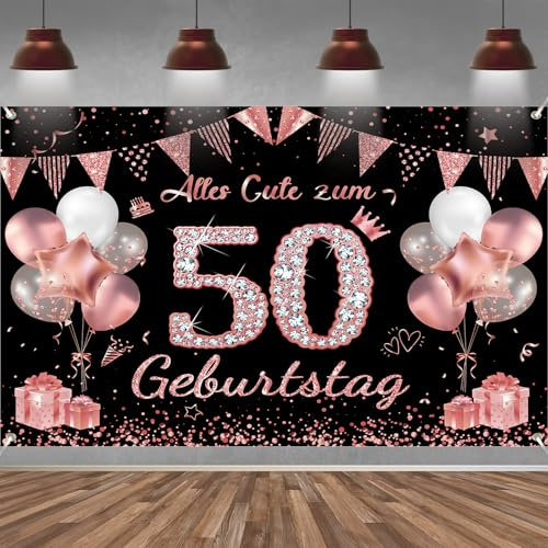 50. Geburtstag Banner Frauen Deko Roségold Schwarz 50 Geburtstag Hintergrund Banner, Extra Große Stoff Schild Poster für 50. Geburtstagsparty Deko, 210x150 cm