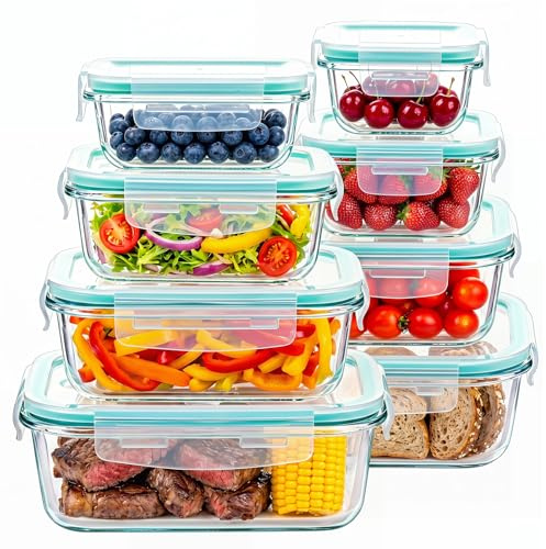 Asnews 8 Pack Glass Meal Prep Containers with Lids, Glass Food Storage Containers with Snap Locking Lids,Airtight Lunch Containers for Microwave, Oven, Freezer and Dishwasher BPA Free (Green)