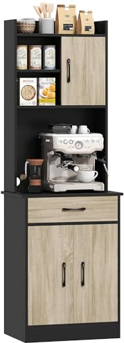 HOMCOM Buffet Haut Cuisine avec Tiroir 60x40x180 cm Effet Bois Naturel | Armoire de Cuisine, Vaisselier 3 Portes, Étagères Ouvertes, Plan de Travail, Meuble de Rangement, Salon, Salle à Manger
