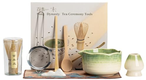 8 Pcs Matcha Set Whisk and Bowl Kit, Japanese Matcha Tea Set with Ceramic Pouring Bowl, Bamboo Whisk Holder Scoop Sifter and Cloth, Complete Matcha Making Kit Gift for Beginners