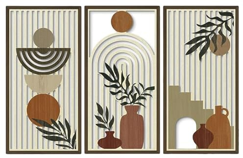 BUERPINKING 3 Stücke Boho Wanddekoration, Blätter Wandkunst Dekoration, Geometrische Wanddekoration aus Holz, Wanddeko, Wandbilder, Naturstil für Wohnzimmer Schlafzimmer Flur (40x20cm, Braun)