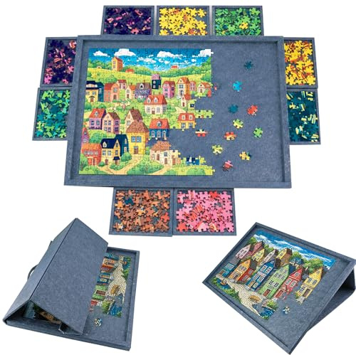 PP OPOUNT Gray Tilting Felt Puzzle Board, 2-in-1 Designed Stand & Cover, Portable Jigsaw Puzzle Plateau with 9 Trays Removable, Lightweight Felt Puzzle Table for Adults, 1000 Piece Puzzles Fit