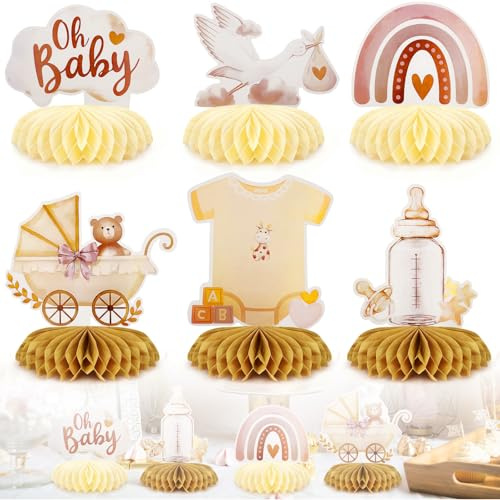 Decoracion Mesa Baby Shower Niña 6 Piezas, Centros de Mesa Decoración Baby Shower, 3D Decoración Adorno Mesa Base Panal para Bebé Fiesta, Recién Nacida, Cumpleaños
