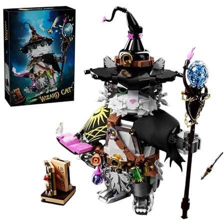 Magischer Katzen Bausteine Bausatz, 1458 Teile Kreatives Kätzchen Zauberer Modell mit Zauberstab, Zauberbuch, Zubehör Magische Serie Tier Kit, Geschenke für Fantasy-Enthusiasten Filmfans-33007
