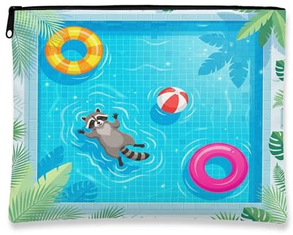 Raccoon Makeup Bag, Cute Pool Lifebuoys Tropical Printed Cosmetic Travel Pouch for Women, Animal Portable Small Canvas Zipper Organizer 7x9 Inch