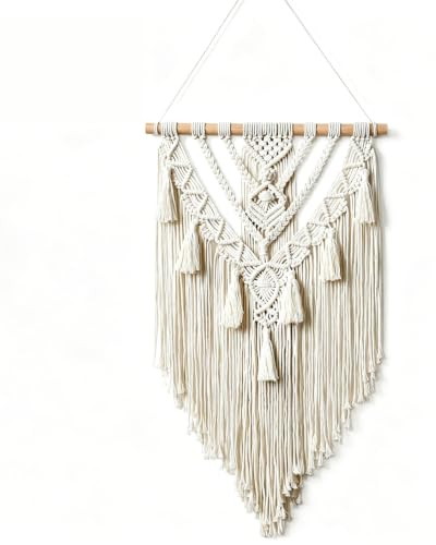 Qnbonrich Vägghänge i makramé, handgjord bomullsväggmatta, bohodekoration, vävd gobeläng med tofsar, väggdekoration boho för sovrum, balkong och lägenhet, 70 cm (H) x 40 cm (B)