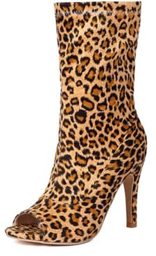 Genérico Mujeres Botines Medio Pantorrilla con Cierre Cremallera Punta Abierta Tacón Stiletto Estampado Leopardo Cuero PU Elástico Zapatos Elegantes para Fiestas,Leopard Print,40 EU